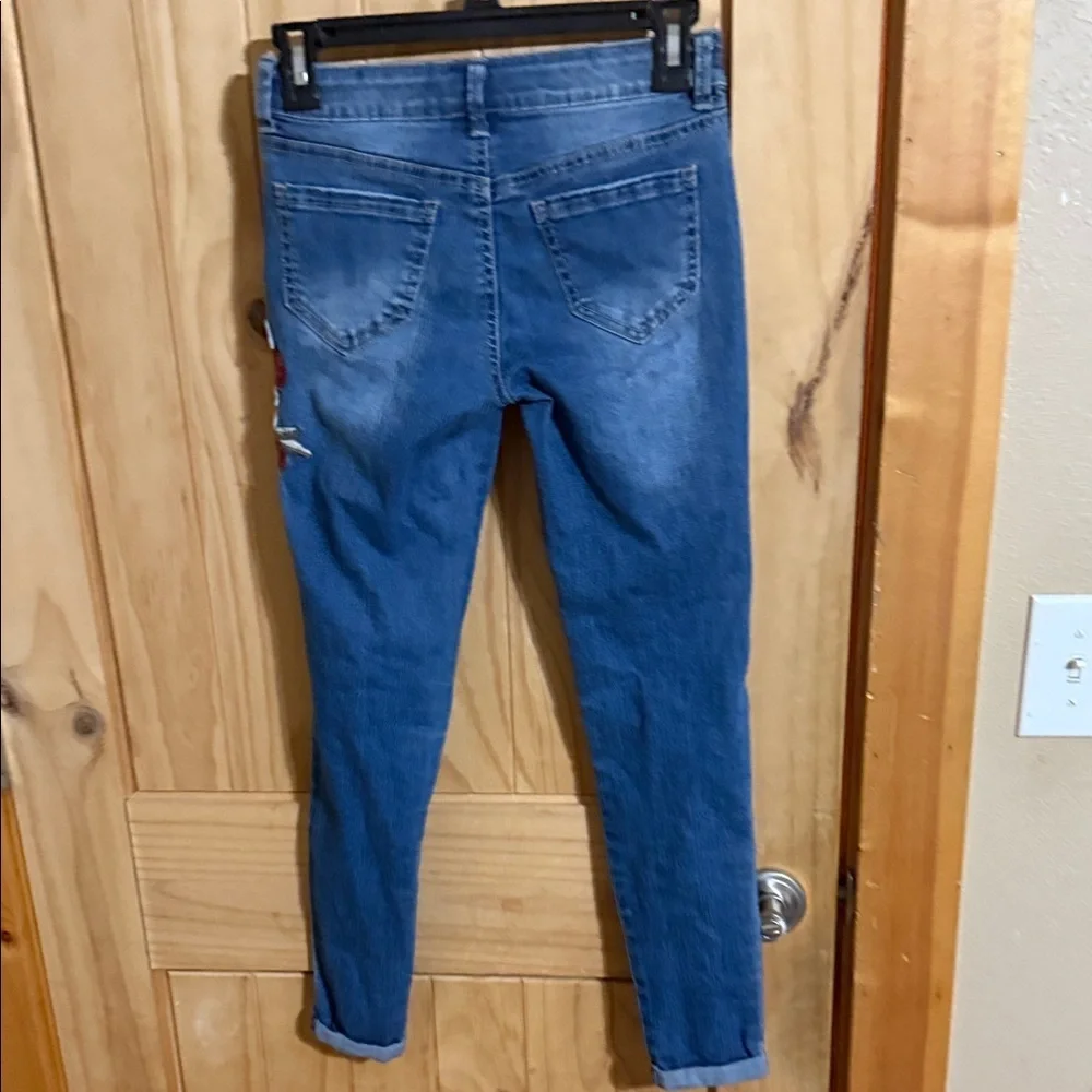 Mudd Blue Jeans with Red Floral Embroidery